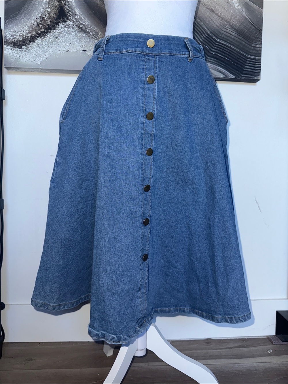 Women's Blue Denim Button-Front A-Line Skirt